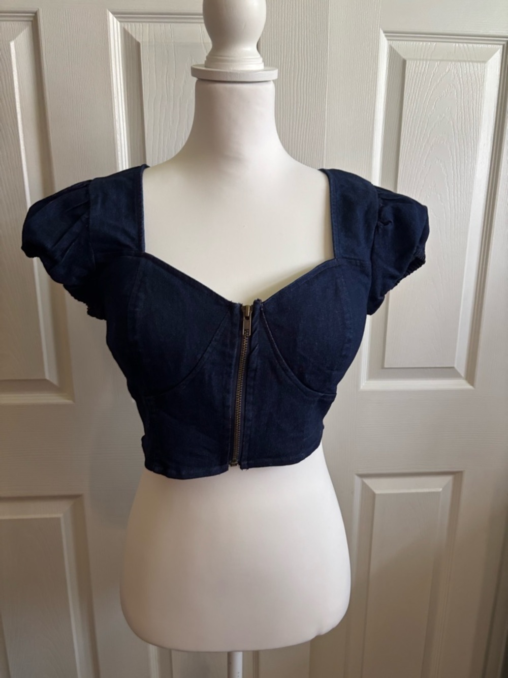 72% Cotton Womens Puff Sleeve Denim Cropped Top